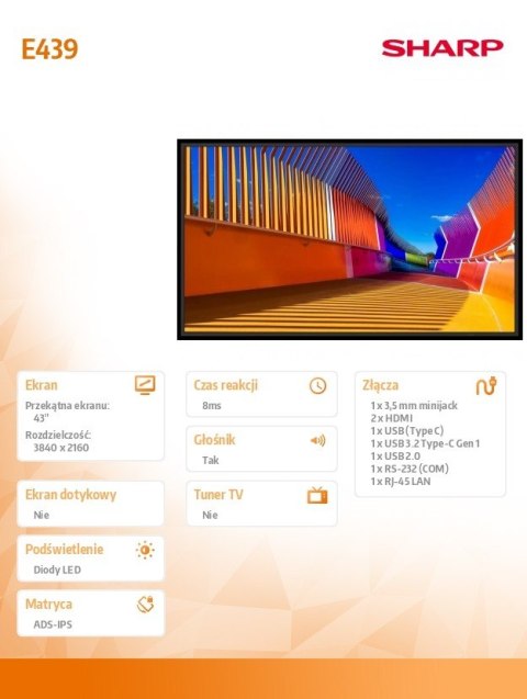 Monitor wielkoformatowy MultiSync E439 43 cale UHD 16/7 350cd/m2